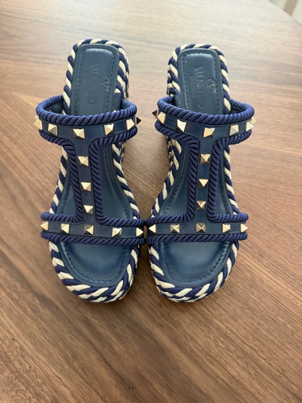 Valentino Navy Rope Stud Slide Sandals